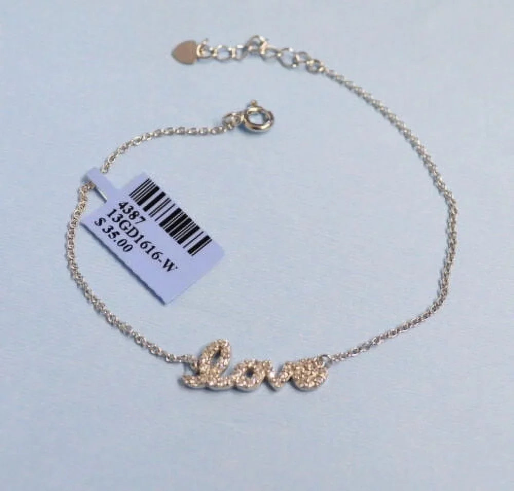 Gold Plated Adjustable Sterling Silver LOVE Chain Bracelet w/ Cubic Zirconia CZ WHITE