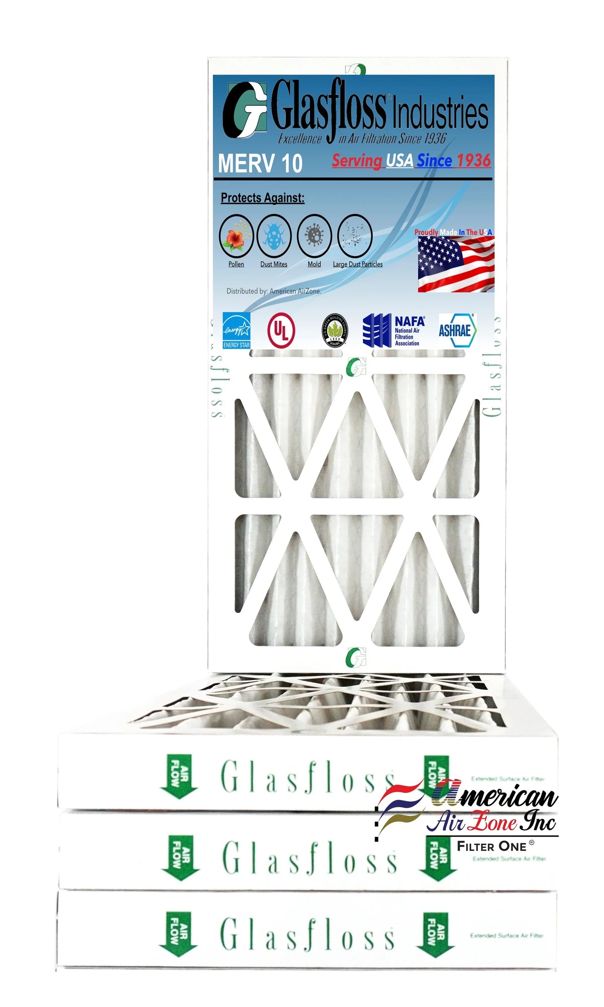 Glasfloss Air Filter 10x24x2 - 2" MERV 10 - (Pack of 4) - Pleated AC or HVAC Air Filter - Furnace Air Filter - Home or Office - Made In The USA.
