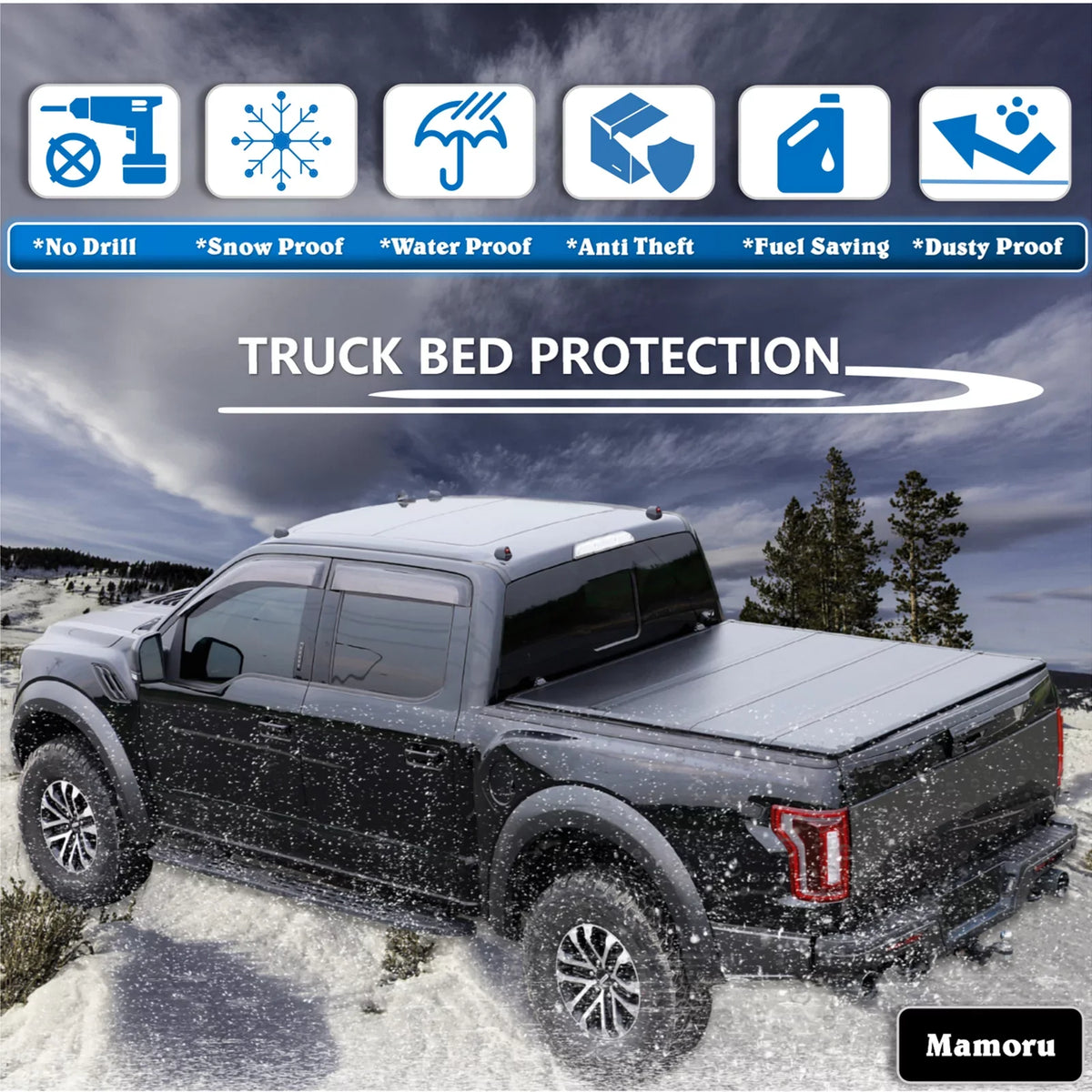 Mamoru Hard FRP Quad-Fold Solid Tonneau Cover Compatible with 2016 2017 2018 2019 2020 2021 2022 2023 Tacoma 6' / 73.7" Truck Bed Cover | Fit for Deck Rail System