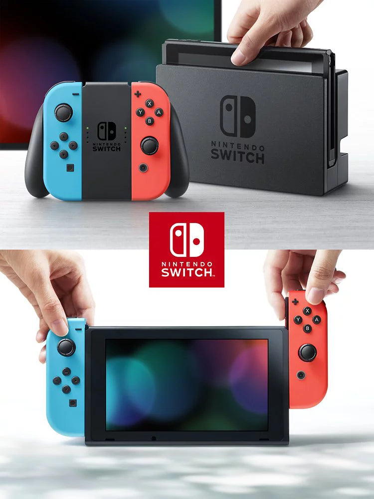 New Nintendo Switch 4 items Bundle Nintendo Switch Console with Neon Red and Blue Joy-Cons; 128GB MicroSD; Case; and 12-month family membership