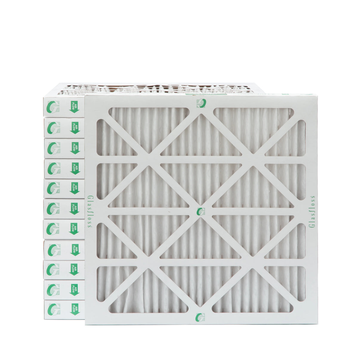 12 Pack of 18x18x2 MERV 10 Pleated 2" foot Air Filters by Glasfloss. Actual Size: 17-1/2 x 17-1/2 x 1-3/4