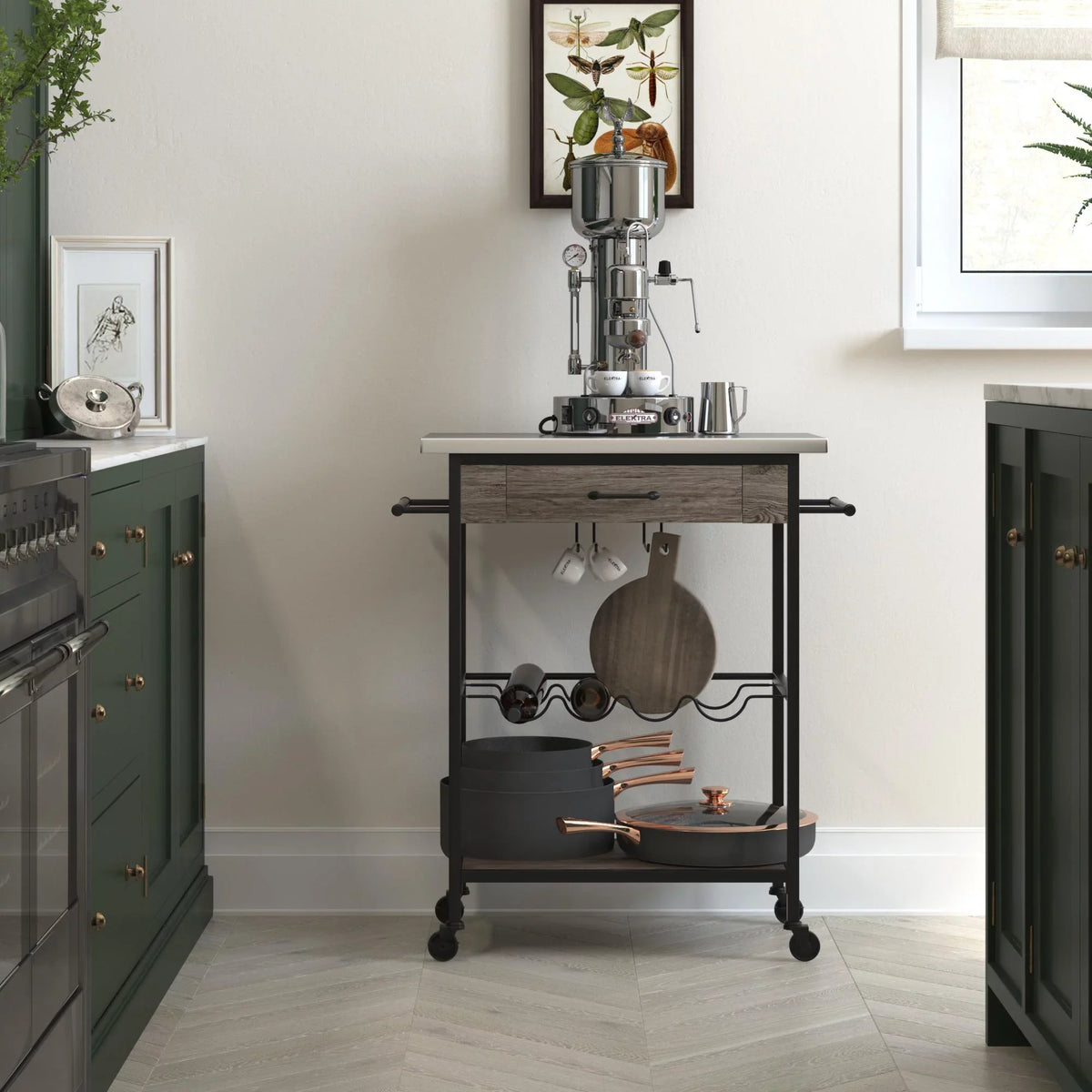Novogratz Nora Multifunctional Kitchen Cart; Wine Rack and Pantry Storage; Stainless Steel and Black Metal; Brown