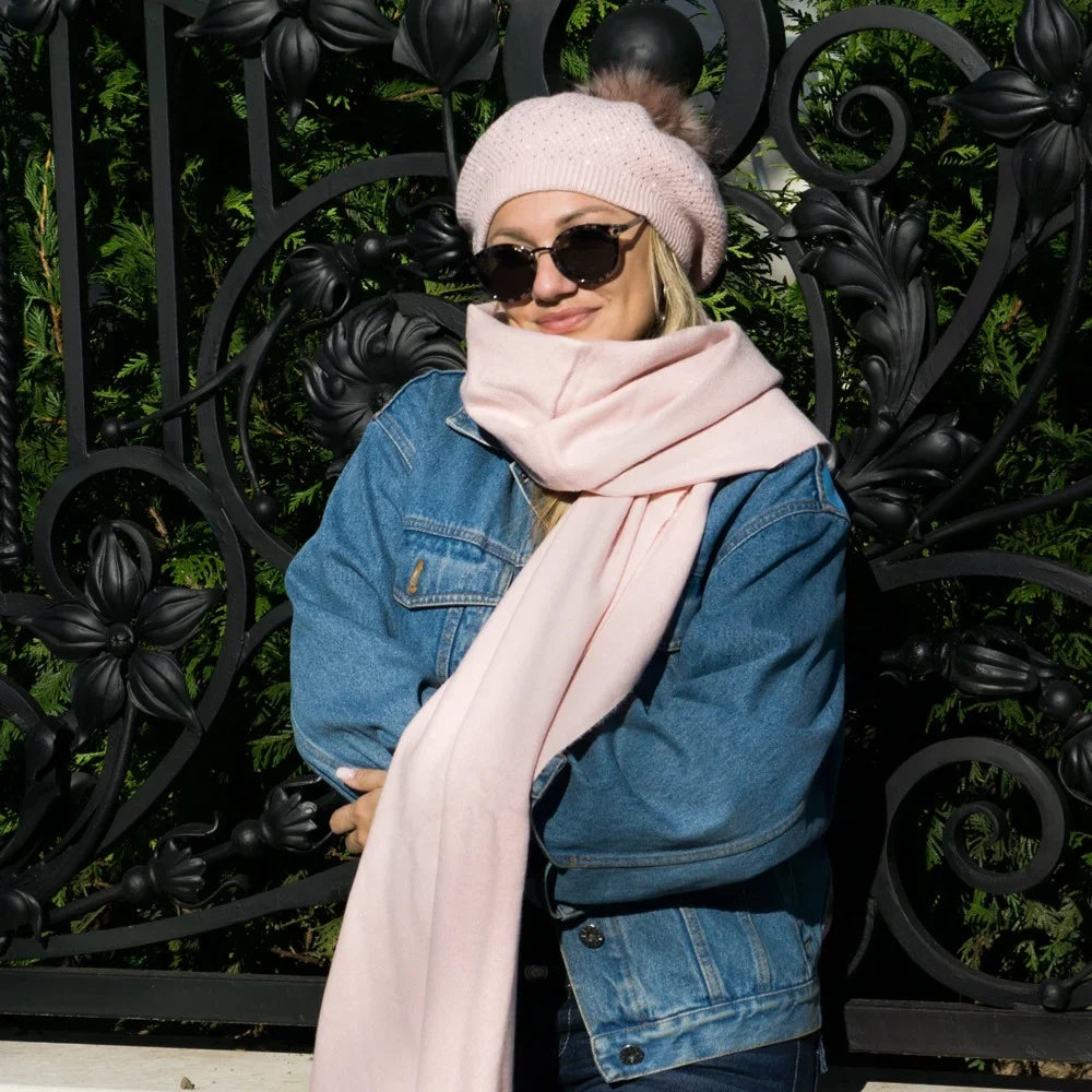 Dreamy Scarf with Tassels 27.6x74.8-inch Virgin Wool Soft Pink Warm Scarf for Women