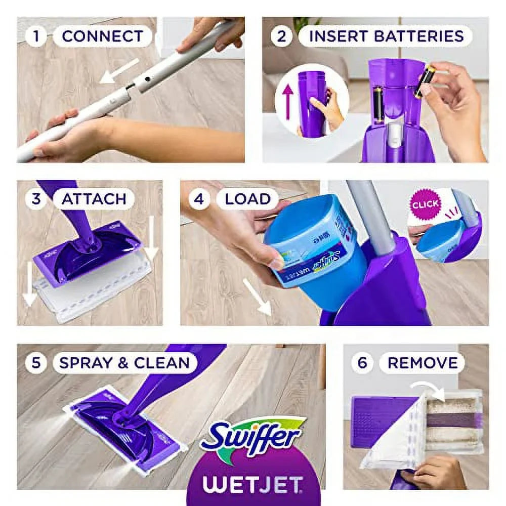 Swiffer WetJet Hardwood and Floor Spray Mop Cleaner Starter Kit; Includes: 1 Power Mop; 10 Pads; Cleaning Solution; Batteries