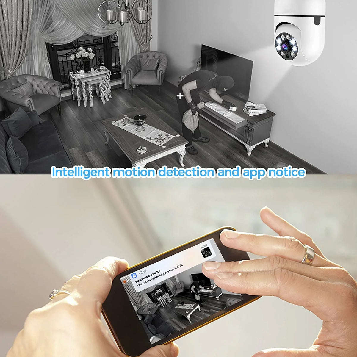 2 Pack Light Bulb Security Camera; 360 Degree PTZ2.4GHz & 5G WiFi Camera; Wireless Home Indoor and Outdoor Camera + 32GB SD Card (Two); APP Access; Motion Detection Alarm; Local and Cloud Storage