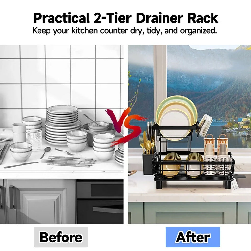 2 Tier Dish Rack and Dish Drainer for Kitchen Counter; Dish Drying Rack with Dish Drainer; Detachable Stainless Steel Dish Drainer Rack with Utensil Holder; Kitchen Dishes Storage and Organizers; Blac