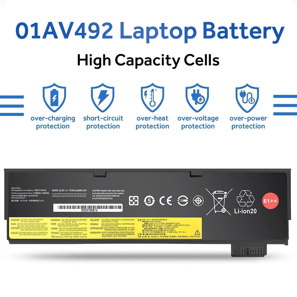 01AV427 01AV423 01AV492 Laptop Battery 72Wh 61++ for Lenovo ThinkPad T480 T470 P51S P52S T570 T580 A485 A475 TP25 Series Notebook 01AV425 01AV426 01AV428 01AV452 01AV490 SB10K97580 SB10K97584