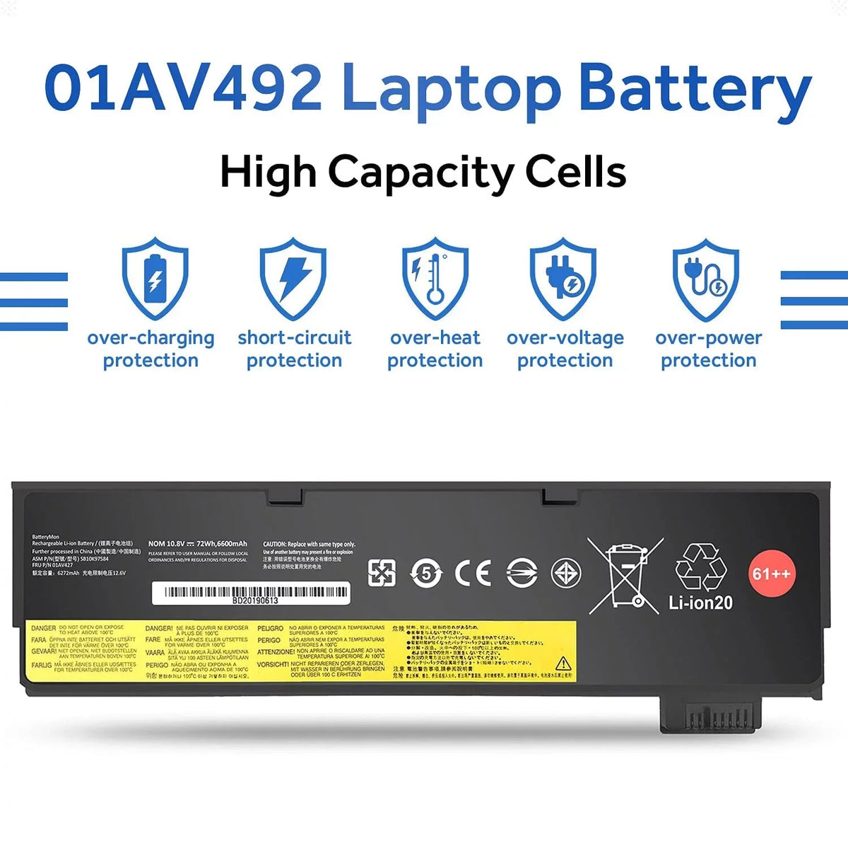 01AV427 01AV423 01AV492 Laptop Battery 72Wh 61++ for Lenovo ThinkPad T480 T470 P51S P52S T570 T580 A485 A475 TP25 Series Notebook 01AV425 01AV426 01AV428 01AV452 01AV490 SB10K97580 SB10K97584