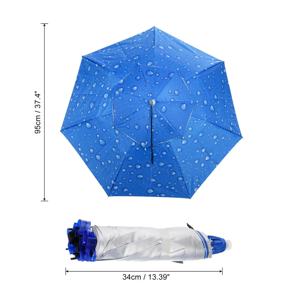 Uxcell OD 37.4" Umbrella Hat; Oxford Fabric Folding Double Layer Sun Rain Cap with Head Strip; Blue