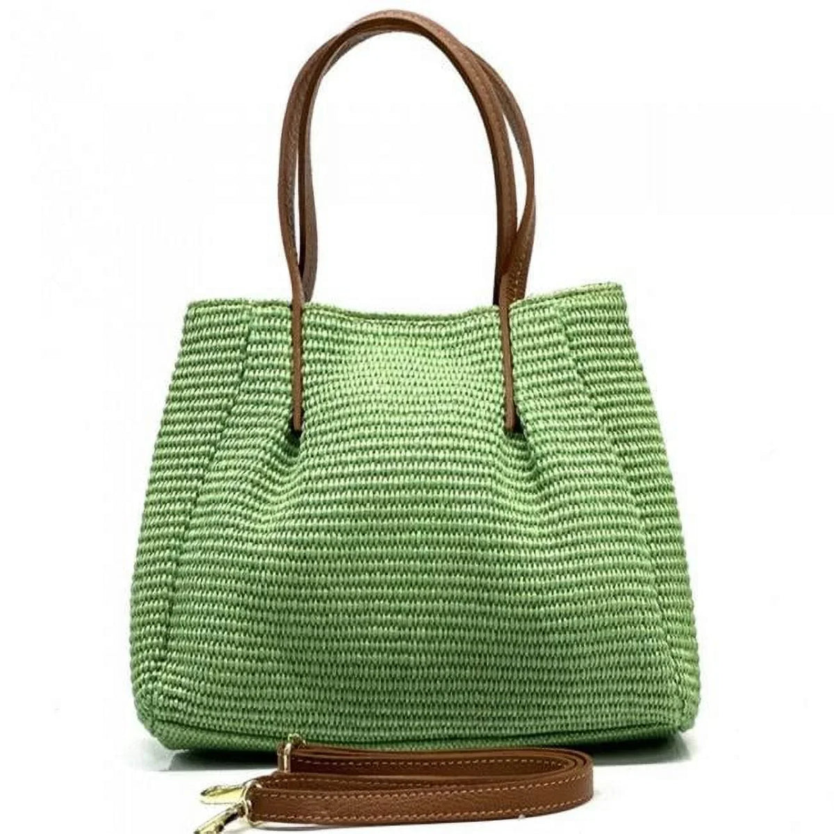 Italian Artisan Irina Made of Raffia & Leather Double Handle Handbag ; Light Green - Medium
