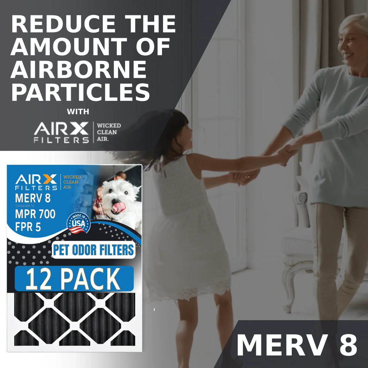 20x25x2 Air Filter MERV 8 Rating; 12 Pack of Furnace Filters Comparable to MPR 700; FPR 5; Pet Odor Retention Filters - Made in USA by AIRX FILTERS WICKED CLEAN AIR.