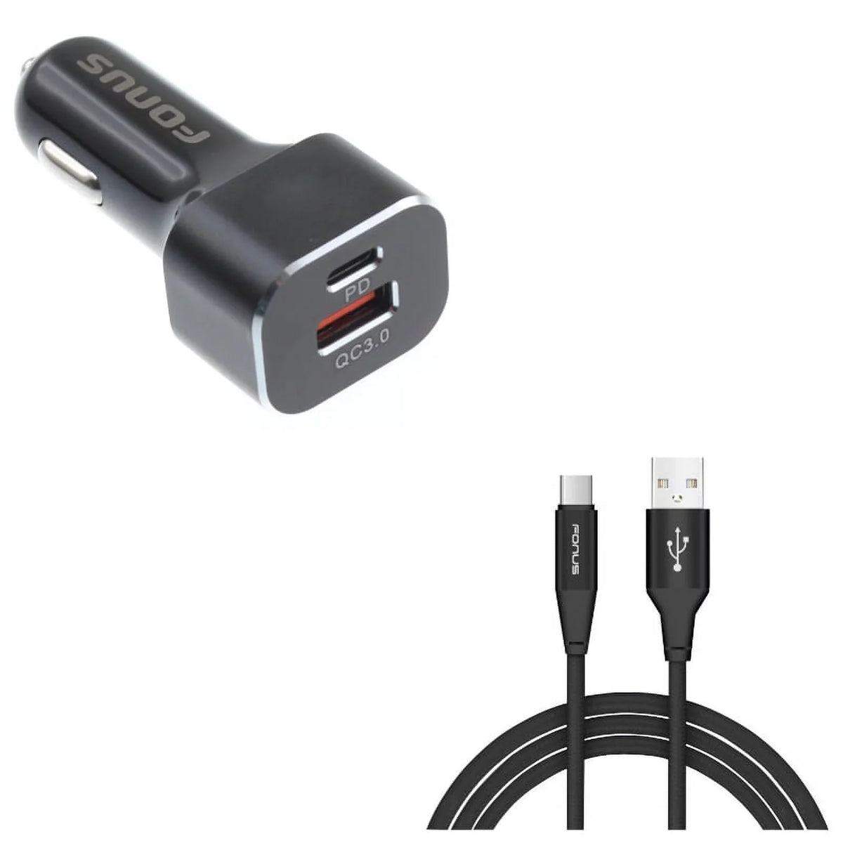 2-Port USB 36W Quick Car Charger w Charger Cord Type-C 6ft USB Cable D9E for Blackberry Motion; Key2; KEYone; LE - BLU G9; Vivo XI Plus 5 - CAT S61 S48c - Coolpad Legacy