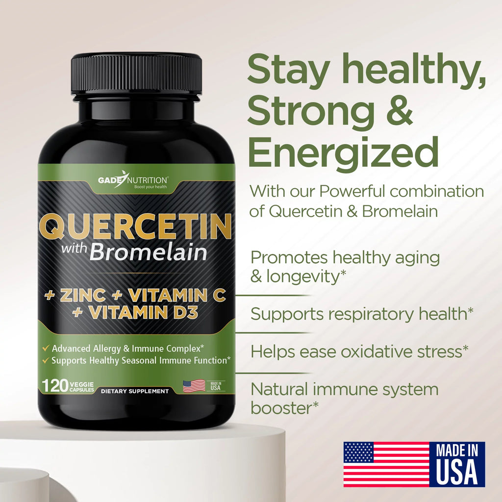 Quercetin with Vitamin C and Zinc - Quercetin 500mg - Quercetin with Bromelain - Zinc Quercetin - 240 Veggie Caps. Quercetin Supplements + Vitamin D3 (Non-GMO; Gluten-Free; Vegan)