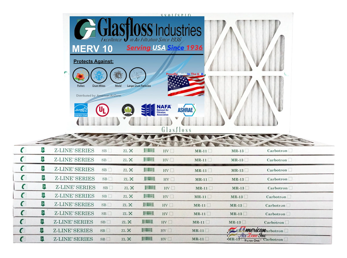 Glasfloss 20x27x1 - MERV 10 -Qty:12 - Furnace Air Filter - Made in USA (Actual Size: 19.5 x 26.5x7/8 inch)
