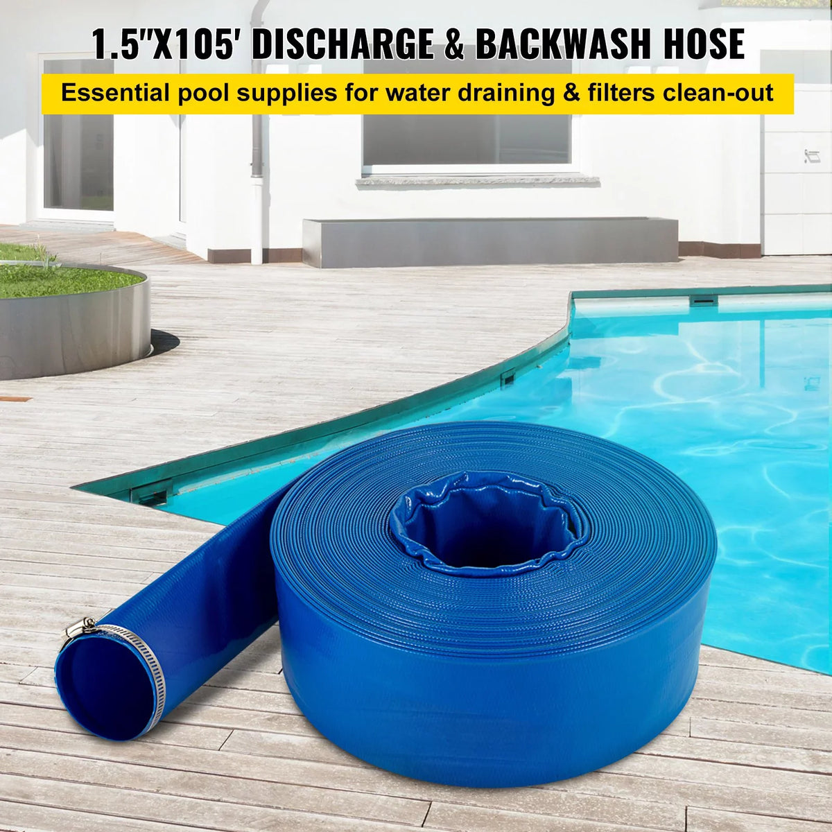 VEVOR Discharge Hose; 1-12" x 105'; Fabric Lay Flat Hose; Heavy Duty Backwash Drain Hose with Clamps; Weather-proof & Burst-proof; Ideal for Swimming Pool & Water Transfer; Blue