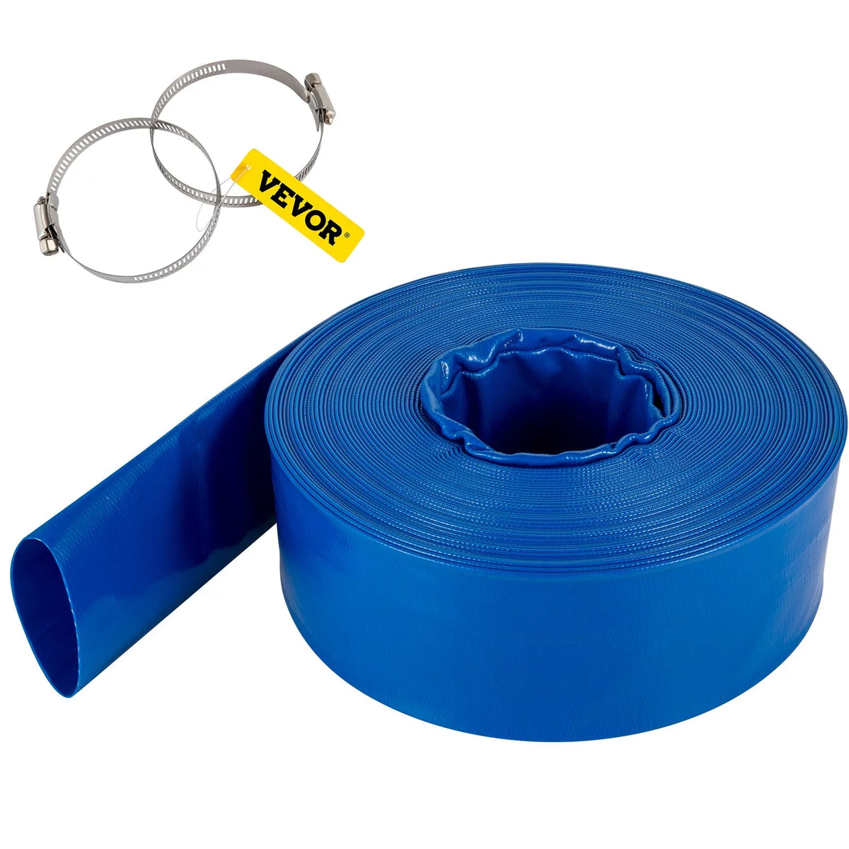 VEVOR Discharge Hose; 1-12" x 105'; Fabric Lay Flat Hose; Heavy Duty Backwash Drain Hose with Clamps; Weather-proof & Burst-proof; Ideal for Swimming Pool & Water Transfer; Blue
