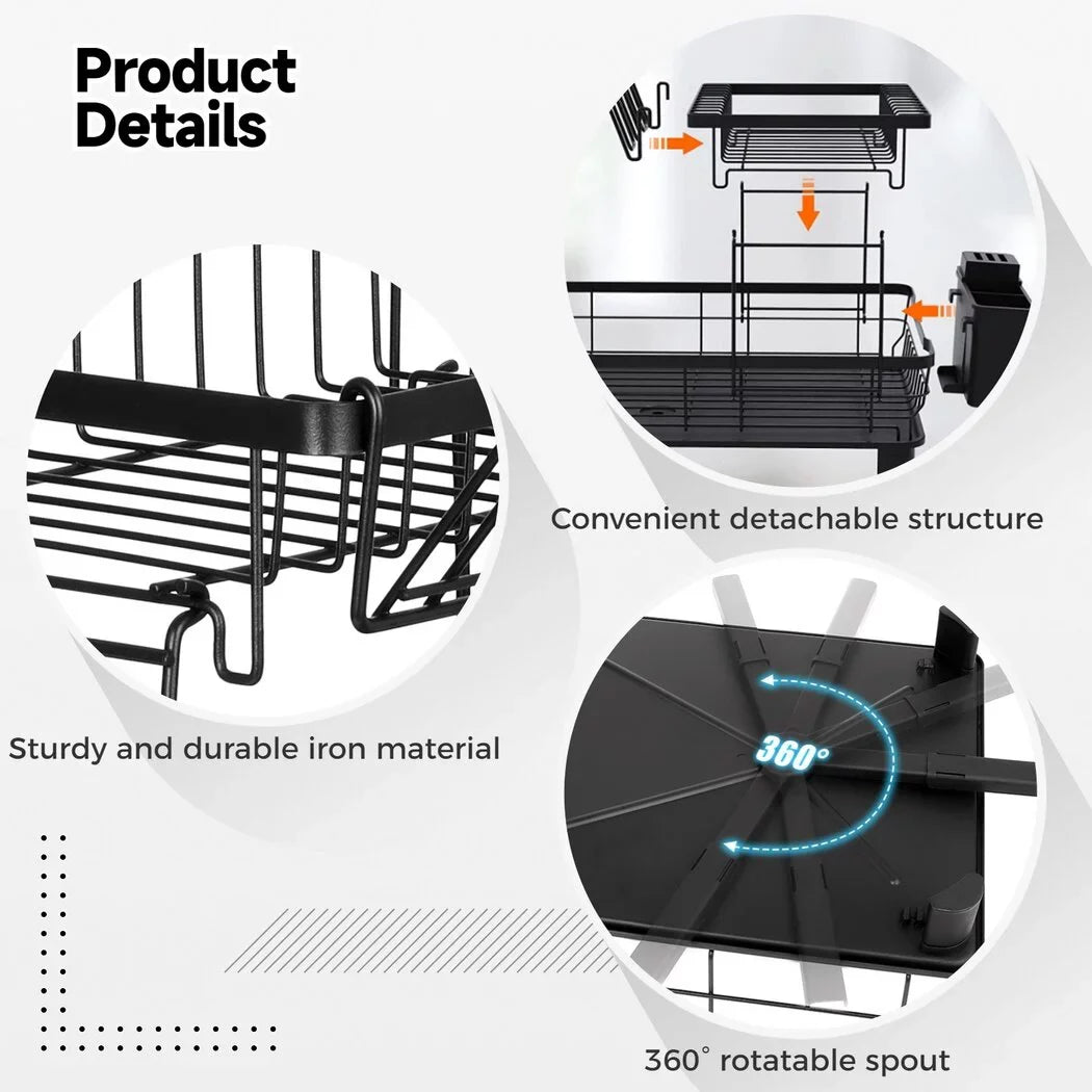 2 Tier Dish Rack and Dish Drainer for Kitchen Counter; Dish Drying Rack with Dish Drainer; Detachable Stainless Steel Dish Drainer Rack with Utensil Holder; Kitchen Dishes Storage and Organizers; Blac