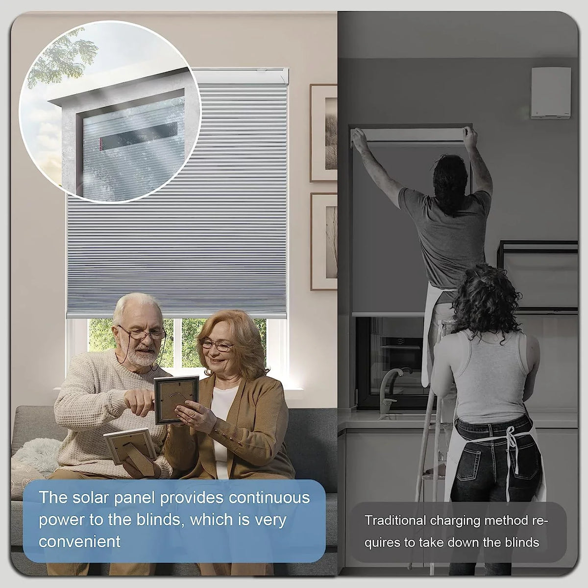 Solar Powered Magnetic Rechargeable Motorized Blinds 100% Blackout with Alexa Google【Free Solar Panel】 Cellular Shades Honeycomb with Remote; Cordless Automatic Electric Blinds; 29" Wx64 H; White