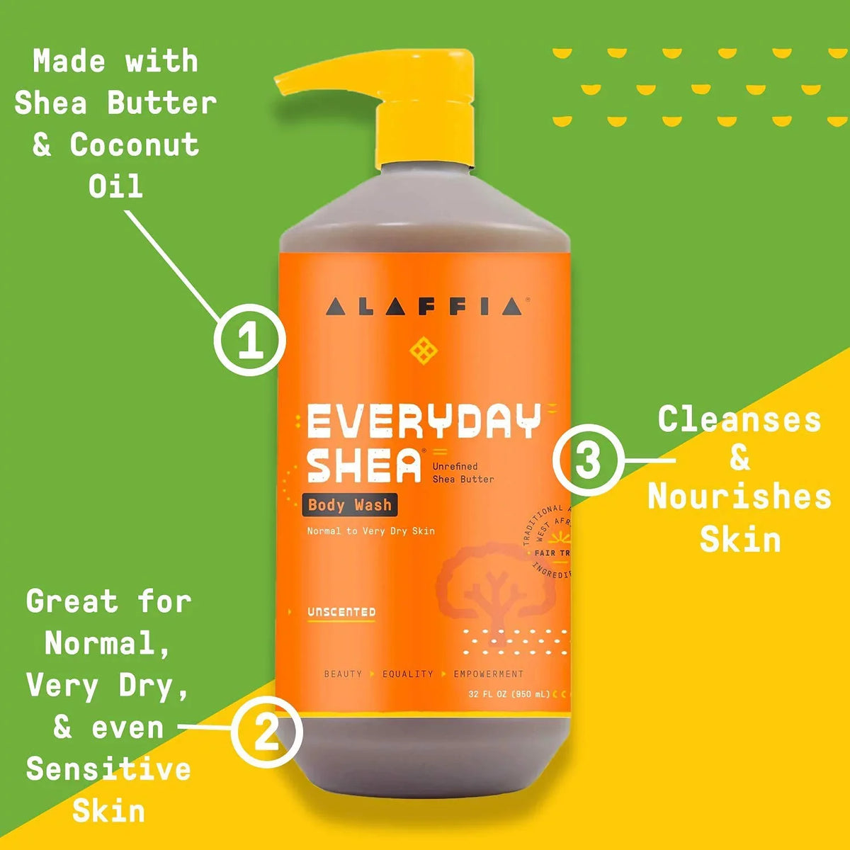 Alaffia Everyday Shea Body Wash; Naturally Moisturizing Cleanser For All Skin Types With Fair Trade Shea Butter; Neem & Coconut Oil; Unscented; 32 Fl Oz.