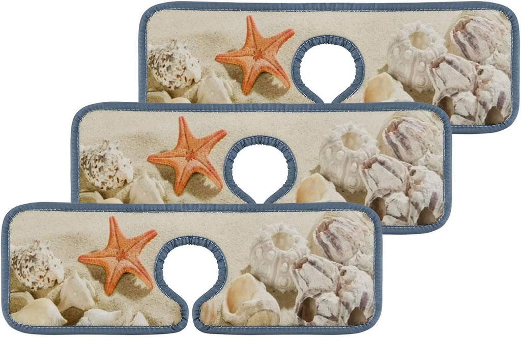 Bestwell 3PCS Faucet Absorbent Mat; Sea Beach Starfishes Summer Washable Sink Splash Guard Drip Catcher; Kitchen Bath Countertop Sinkmat Microfiber Drying Mats
