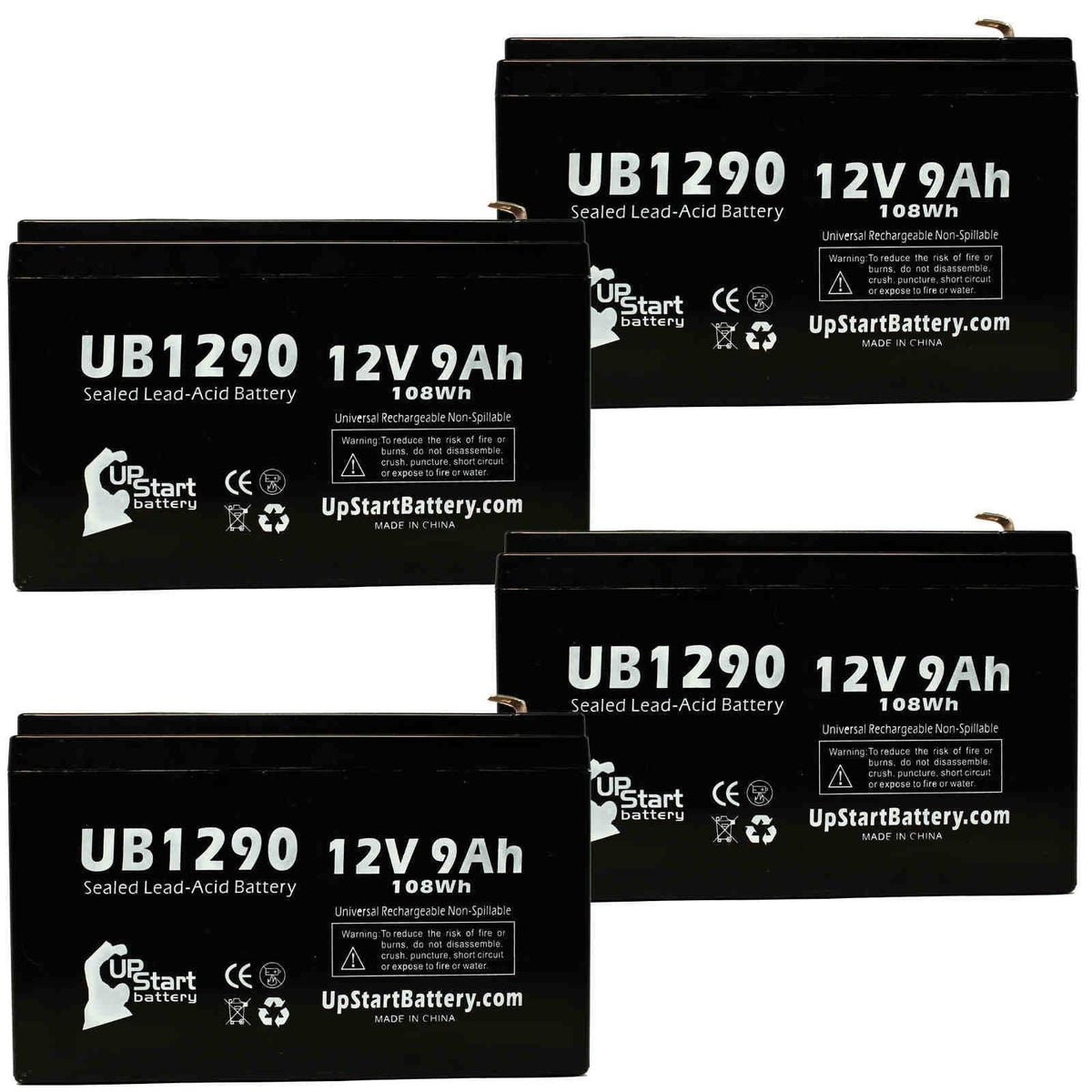 4x Pack - Compatible Opti-ups 280ES Battery - Replacement UB1290 Universal Sealed Lead Acid Battery (12V; 9Ah; 9000mAh; F1 Terminal; AGM; SLA) - Includes 8 F1 to F2 Terminal Adapters