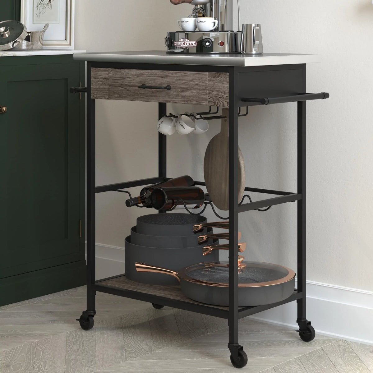 Novogratz Nora Multifunctional Kitchen Cart; Wine Rack and Pantry Storage; Stainless Steel and Black Metal; Brown