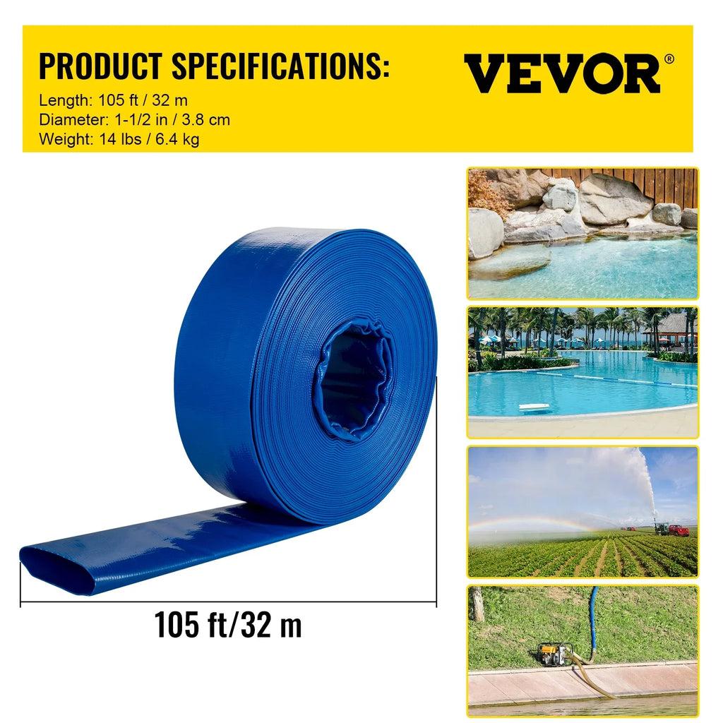 BENTISM Discharge Hose; 1-1/2" x 105'; Fabric Lay Flat Hose; Heavy Duty Backwash Drain Hose with Clamps; Weather-proof & Burst-proof; Ideal for Swimming Pool & Water Transfer