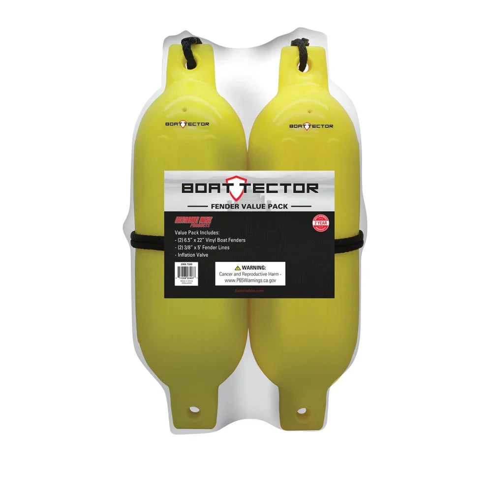 Extreme Max 3006.7599 BoatTector Blow-up Fender Value 2-Pack - 6.5" x 22"; Neon Yellow