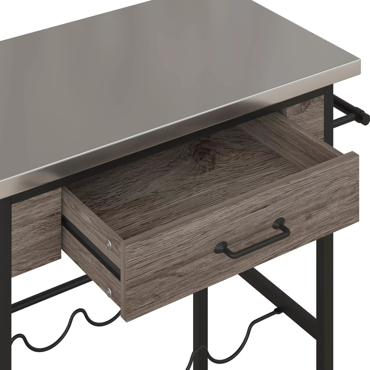 Novogratz Nora Multifunctional Kitchen Cart; Wine Rack and Pantry Storage; Stainless Steel and Black Metal; Brown