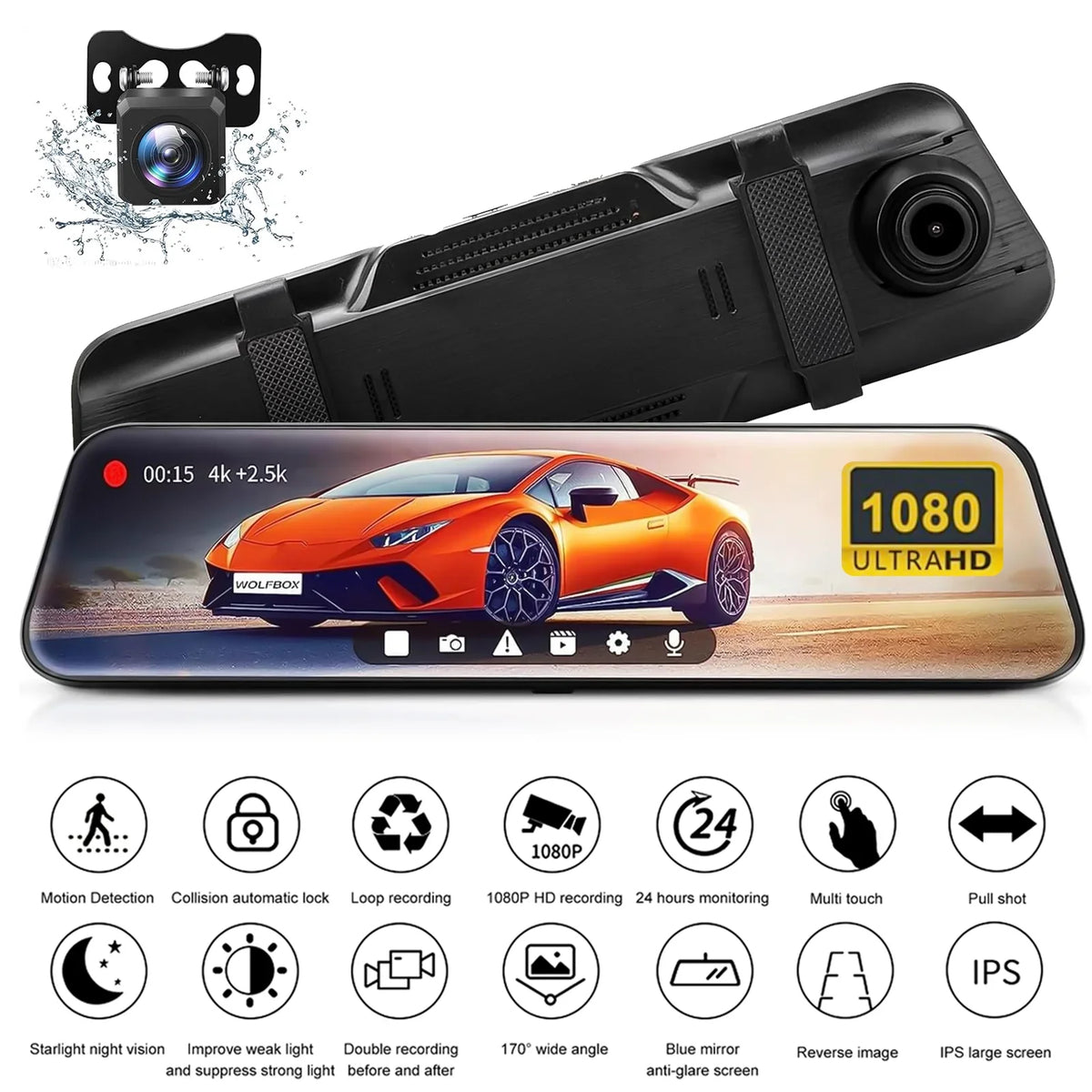 10" Mirror Dash Cam;Kepeak 1080P FHD Full Touch Screen Front and Rear View Backup Camera;G-Sensor; Parking Monitor; 170° Wide Angle;with 5.5 Meters Cable