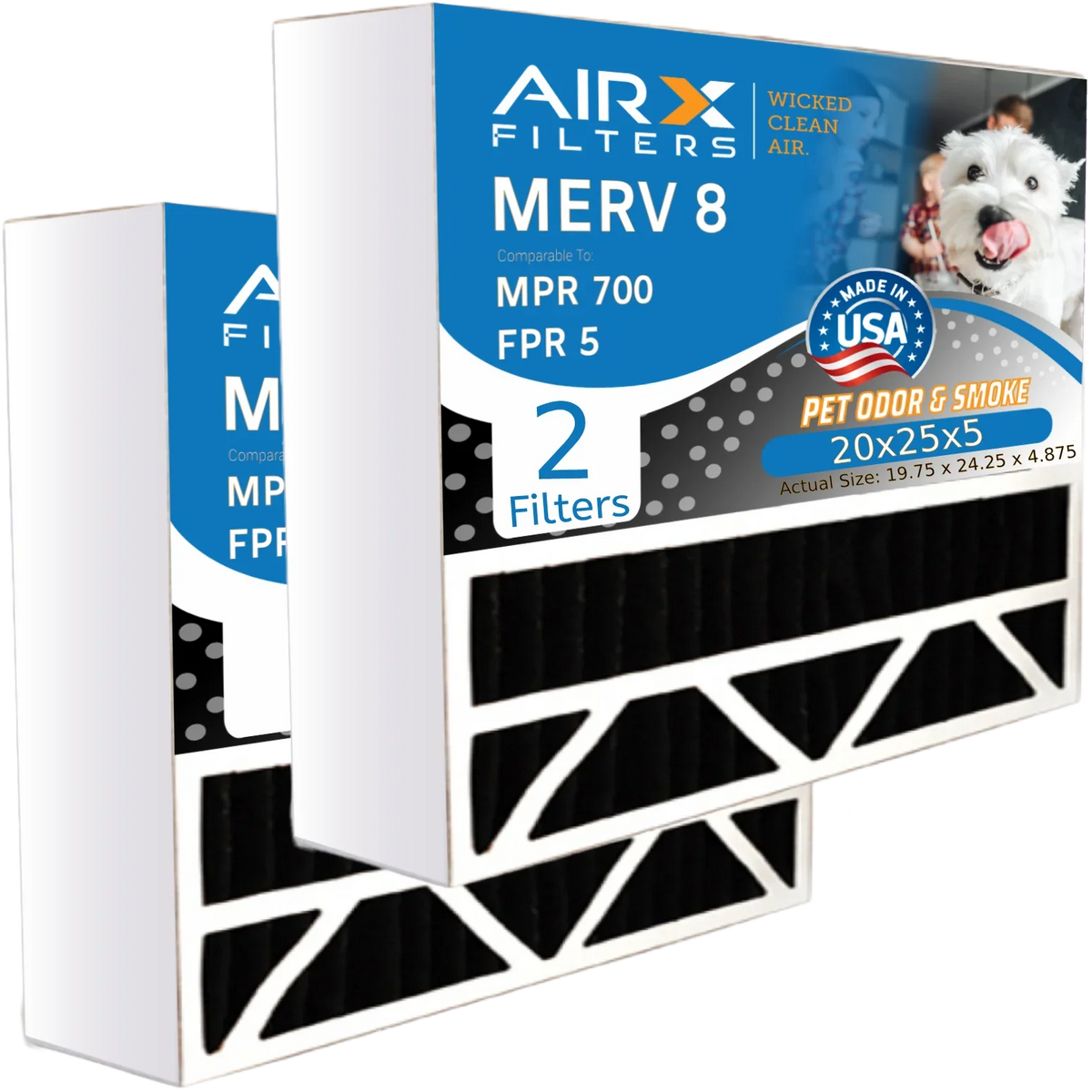 20x25x5 Air Filter Odor Eliminator Carbon Filter MERV 8 Comparable to MPR 700 & FPR 5 Compatible with Air Bear 255649-102 2 Pack by AIRX FILTERS WICKED CLEAN AIR.