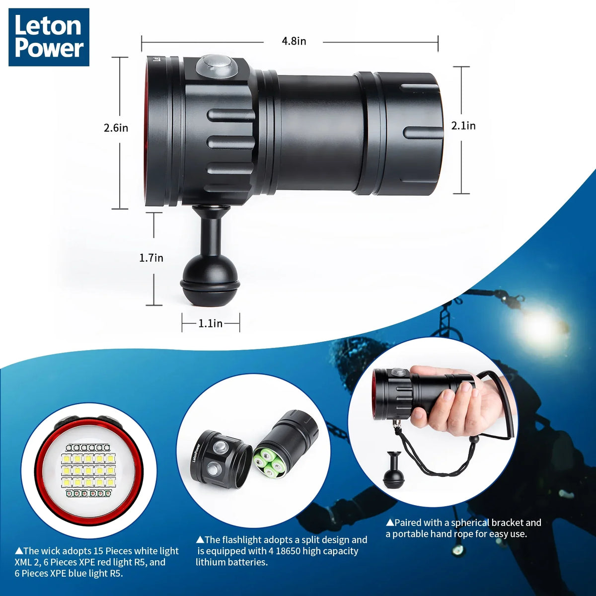 B15 Dive Light Underwater Flashlight 8000Lumens Underwater Video Lights 80m Scuba Dive Light Diving Flashlight for Under Water Sports;Underwater Video Shooting and Photography