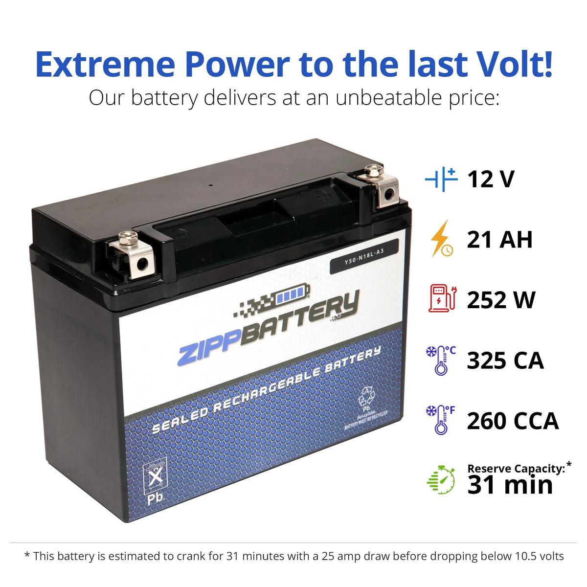 Zipp Battery Y50-n18l-a3 (50-n18l-a3 12 Volt;20 Ah; 260 Cca) Snowmobile Battery for Arctic Cat Bearcat 570 2006
