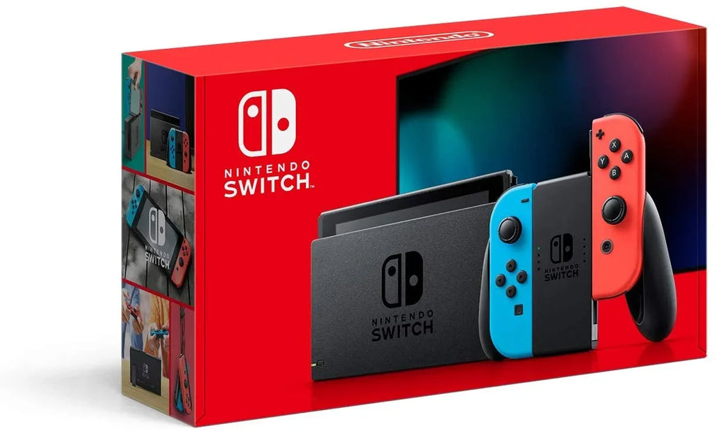 New Nintendo Switch 4 items Bundle Nintendo Switch Console with Neon Red and Blue Joy-Cons; 128GB MicroSD; Case; and 12-month family membership