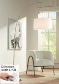 360 Lighting Modern Arc Floor Lamp with USB Charging Port 72" Tall Brushed Nickel White Drum Shade for Living Room Reading House