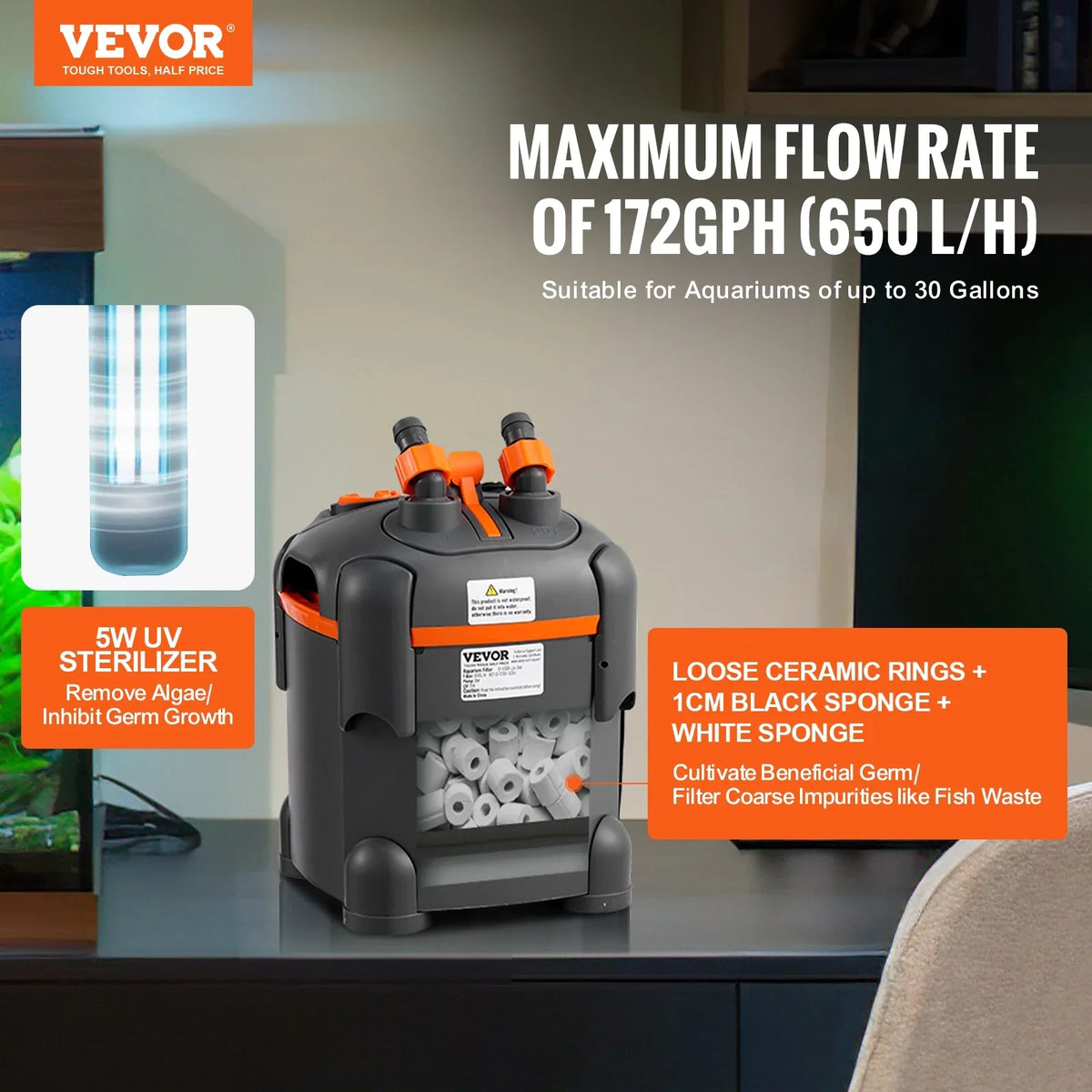 30 Gallon 8w UV Lamp Aquarium Canister Filter Fish Tank Quiet