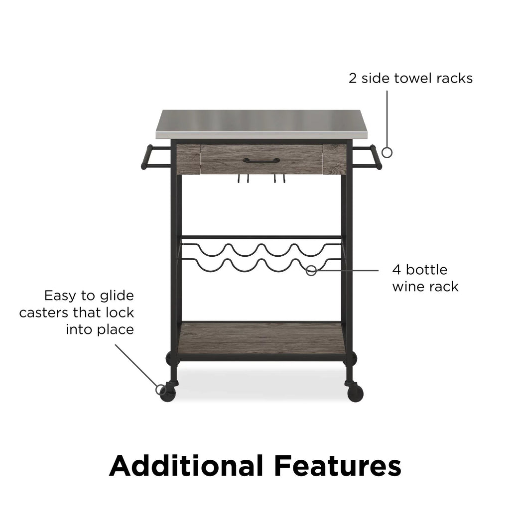 Novogratz Nora Multifunctional Kitchen Cart; Wine Rack and Pantry Storage; Stainless Steel and Black Metal; Brown
