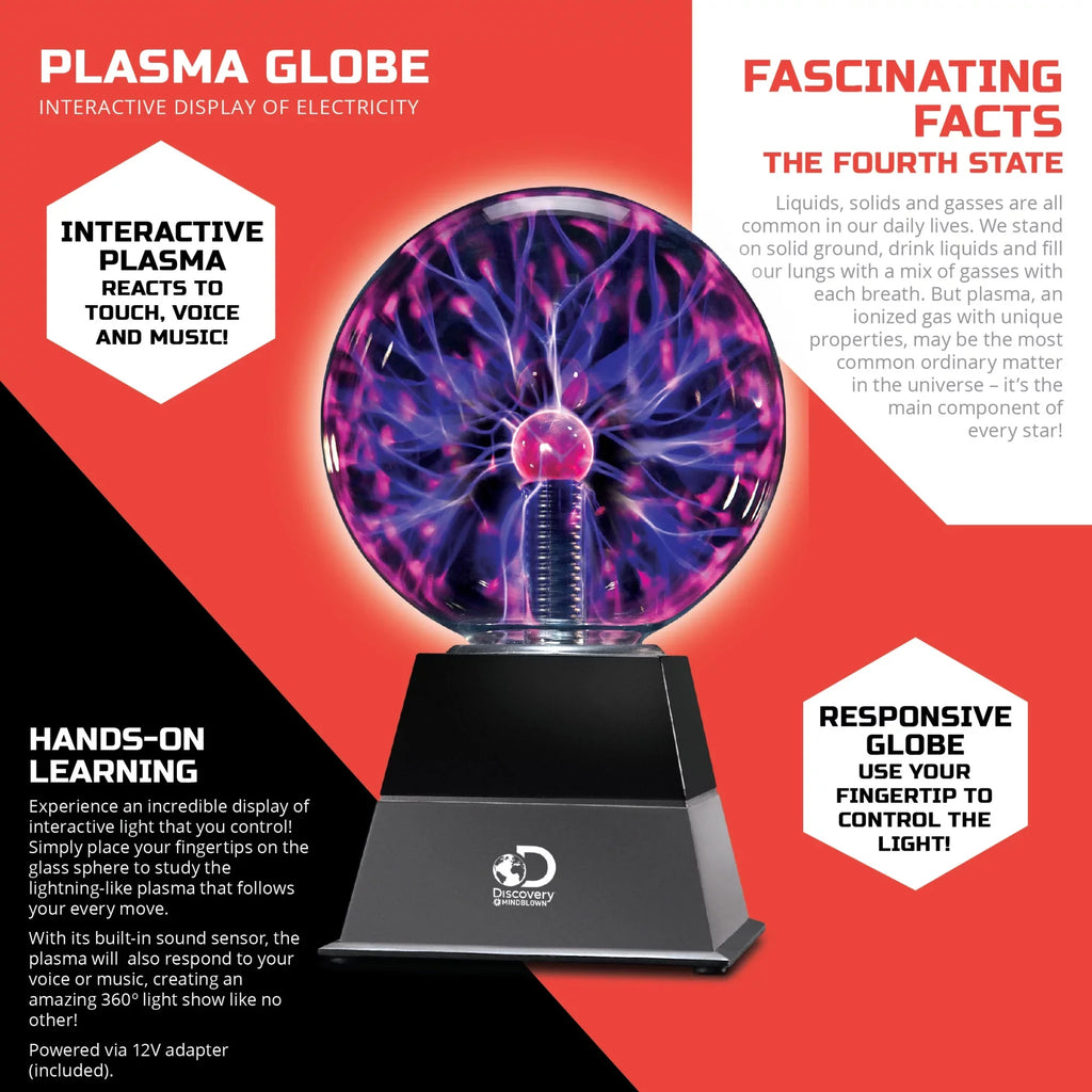 Discovery #Mindblown 6" Plasma Globe Lamp with Interactive Electric Touch and Sound Sensitive Lightning and Tesla Coil; Includes AC Adapter; Glass STEM Lava Lamp-Style Light for Desk; Kids Room