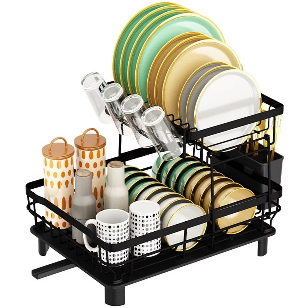 2 Tier Dish Rack and Dish Drainer for Kitchen Counter; Dish Drying Rack with Dish Drainer; Detachable Stainless Steel Dish Drainer Rack with Utensil Holder; Kitchen Dishes Storage and Organizers; Blac