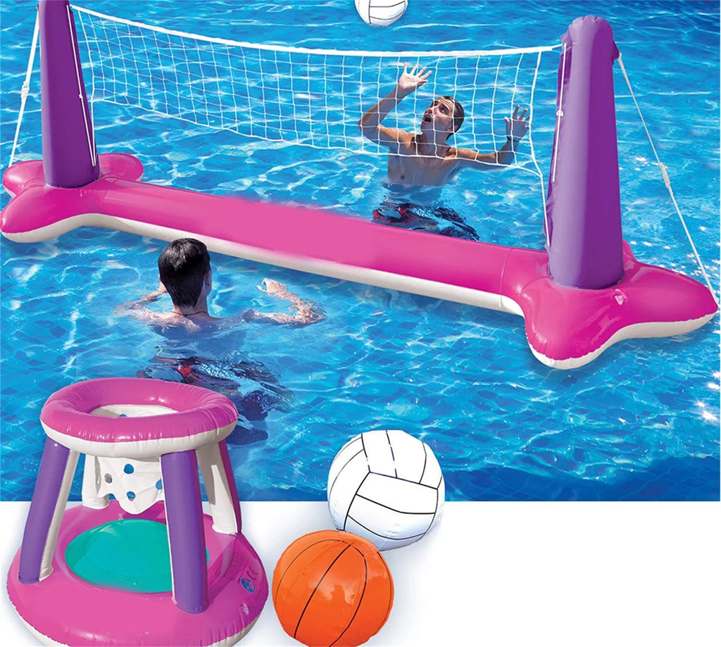 Expandable Volleyball Net & Basketball Hoops Pink Pool Float Set